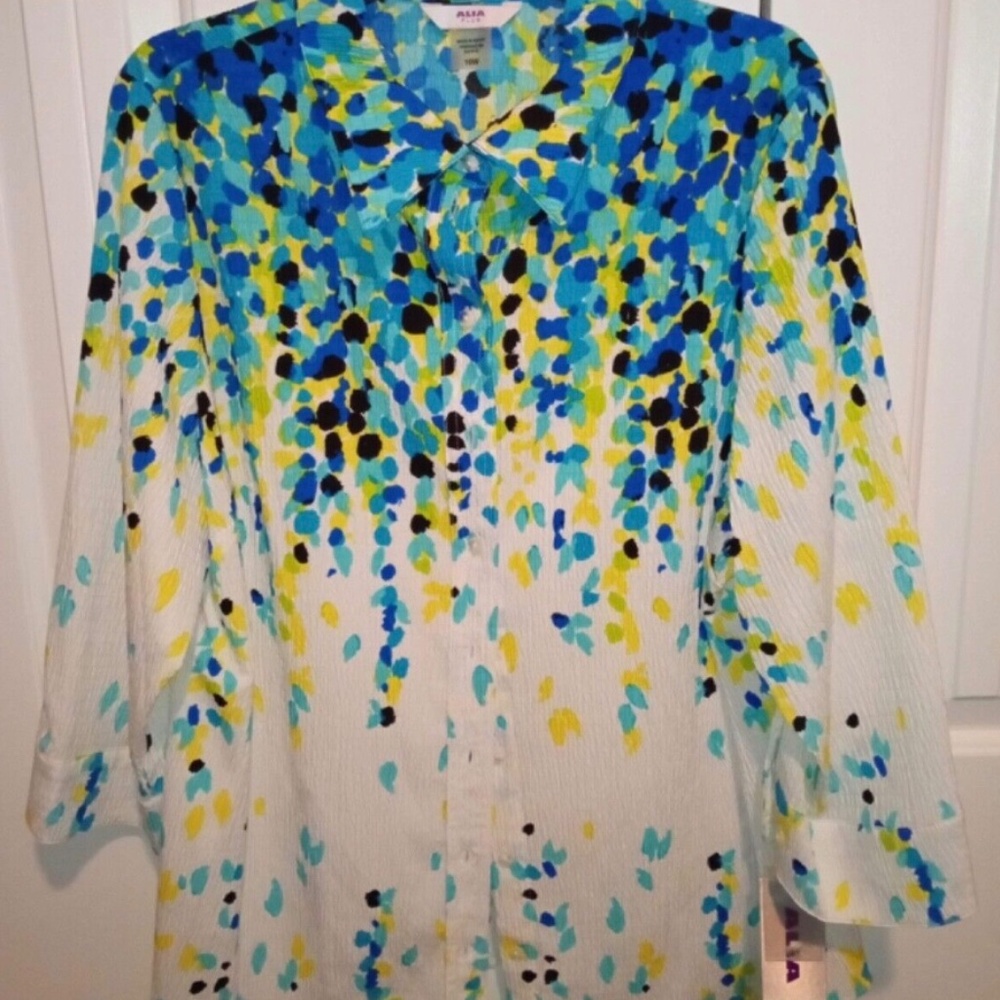 NWT Women’s ALIA Top w/3/4 Sleeves, Size 16W, White Blue Yellow Dotted Design